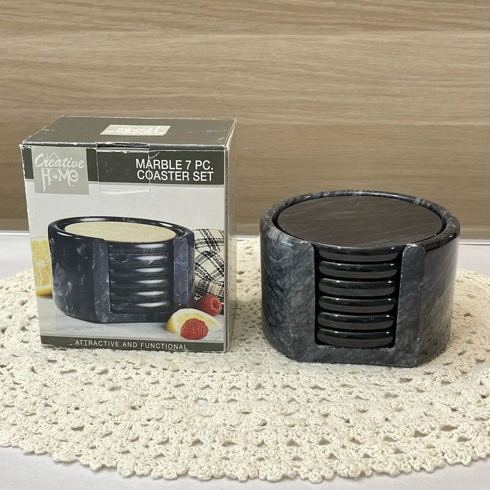 Creative Home Natural Gray Marble 7 Piece Round Coaster With Cork Inlays